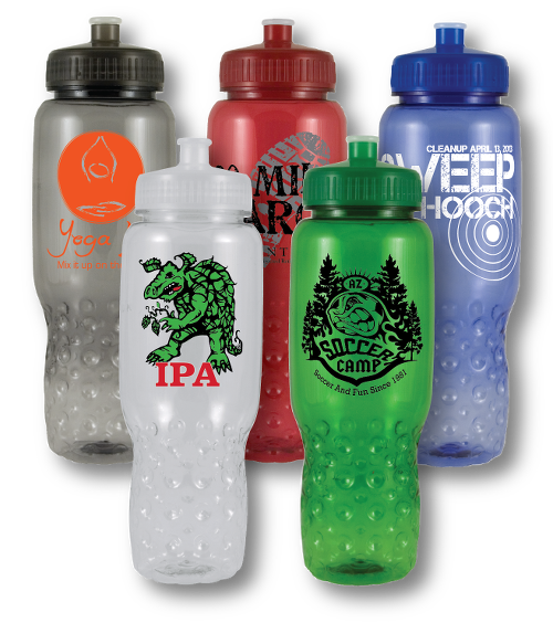 Various custom printed drinkware showing bottles with logos printed on them.