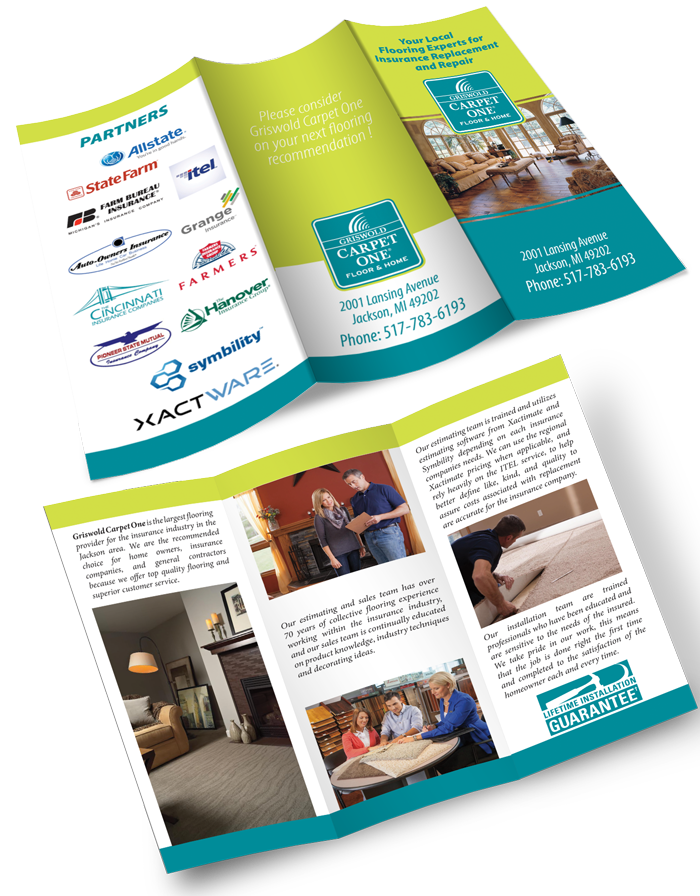 A double-sided printed brochure with a roll fold showing both the inside and outside of the brochure.