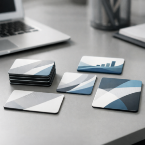 Various Promotional Magnets on a desk.
