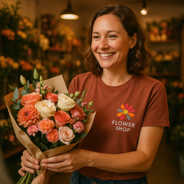 Custom Shirt being worn by a flower shop owner.