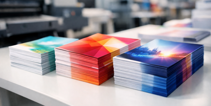 Three stacks of printed flyers