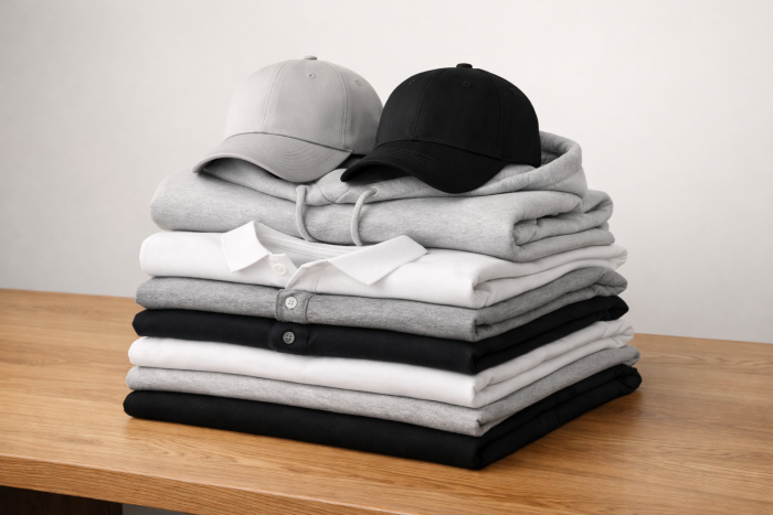 Apparel folded on a table with two hats