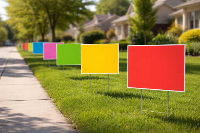 lawn signs next to a sidewalk