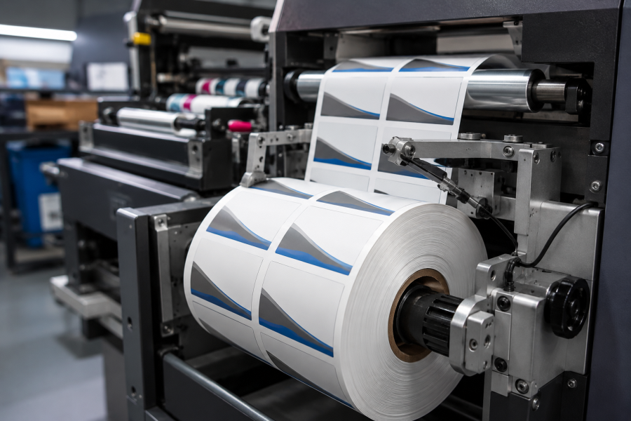 Poly labels being printed in a Commercial Print Shop